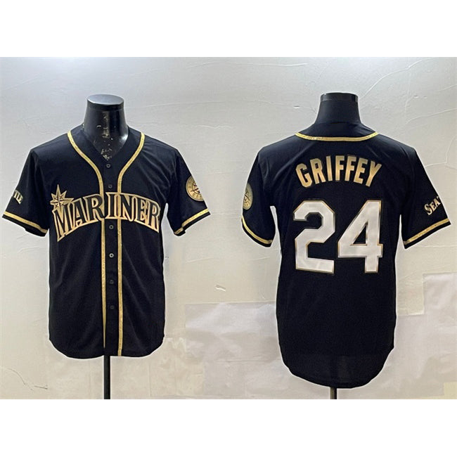 menshop  Seattle Mariners #24 Ken Griffey Jr. Black Gold  Cool Base Stitched Jersey